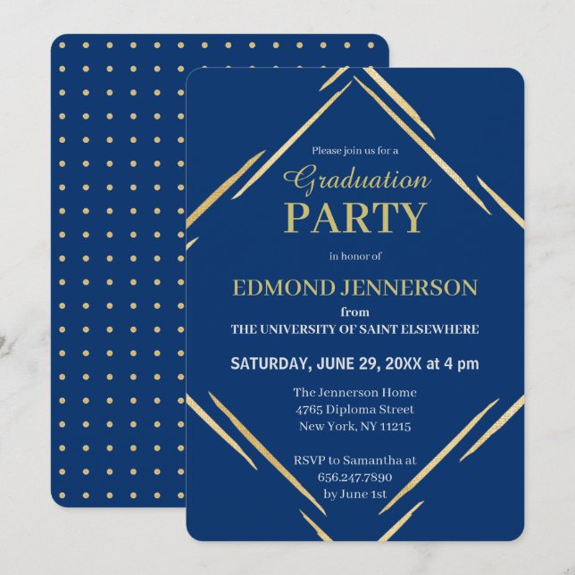 Modern Elegant Blue Gold 2025 Graduation Party Invitation (Front/Back)