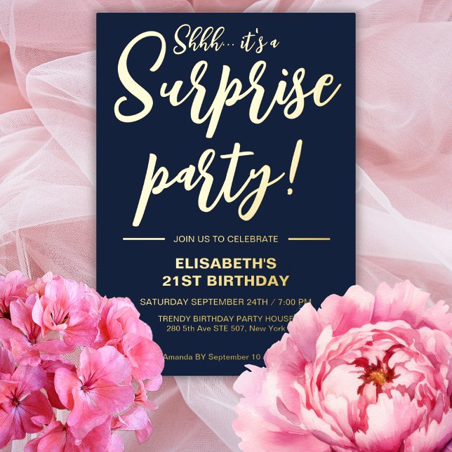 Modern Elegant Blue & Gold 21st Surprise Birthday (Creator Uploaded)