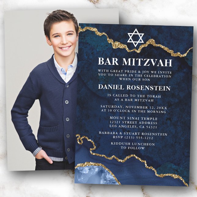 Modern Elegant Blue Gold Marble Bar Mitzvah Photo Invitation (Customize to change text size or text style.)