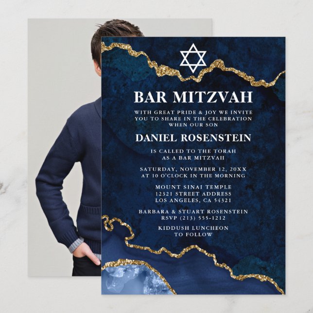 Modern Elegant Blue Gold Marble Bar Mitzvah Photo Invitation (Front/Back)