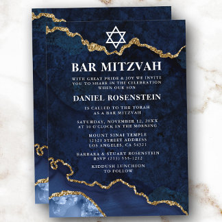 Modern Elegant Blue Gold Marble Geode Bar Mitzvah Invitation