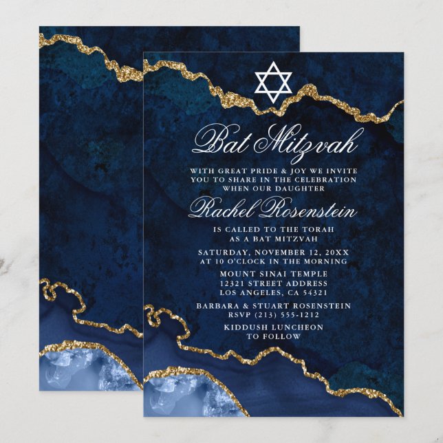 Modern Elegant Blue Gold Marble Geode Bat Mitzvah Invitation (Front/Back)