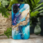 Modern Elegant Blue Gold Marble Personalised Name<br><div class="desc">Modern Elegant Blue Gold Marble Personalised Name iPhone 16 Plus Cases features your personalised name in an elegant calligraphy script typography on a modern blue and gold marble background. Perfect gift for her for birthday, mum for Mother's Day, sister or bestie for Christmas and holidays. Designed by ©Evco Studio www.zazzle.com/store/evcostudio...</div>