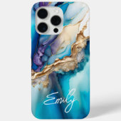 Modern Elegant Blue Gold Marble Personalised Name Case-Mate iPhone Case (Back)