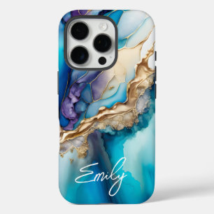 Modern Elegant Blue Gold Marble Personalised Name iPhone 16 Pro Case