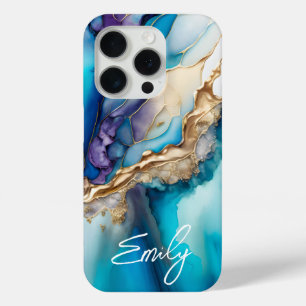 Modern Elegant Blue Gold Marble Personalised Name iPhone 15 Pro Case