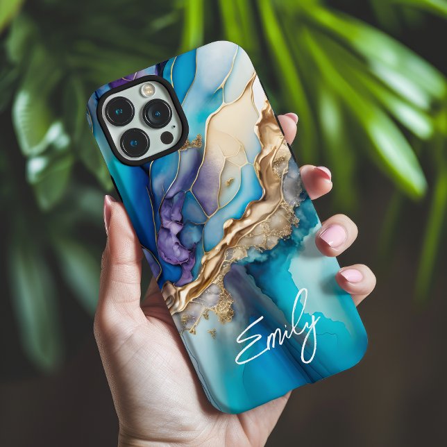 Modern Elegant Blue Gold Marble Personalised Name Case-Mate iPhone Case (Creator Uploaded)