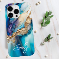 Modern Elegant Blue Gold Marble Personalised Name