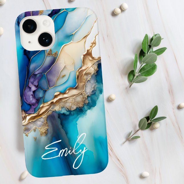 Modern Elegant Blue Gold Marble Personalised Name Case-Mate iPhone Case (Creator Uploaded)