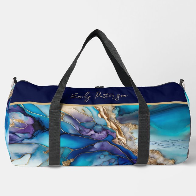 Modern Elegant Blue Gold Marble Personalised Name Duffle Bag (Front)