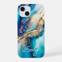 Modern Elegant Blue Gold Marble Personalised Name