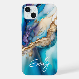 Modern Elegant Blue Gold Marble Personalised Name iPhone 15 Plus Case