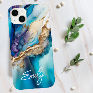Modern Elegant Blue Gold Marble Personalised Name iPhone 14 Plus Case