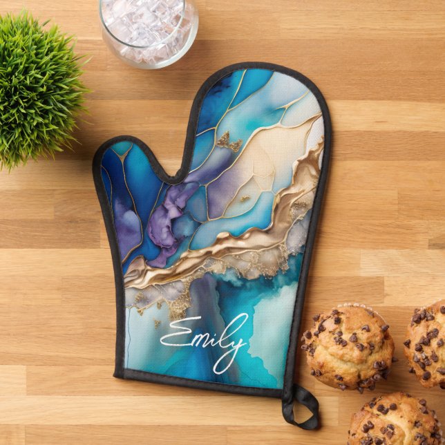 Modern Elegant Blue Gold Marble Personalised Name Oven Mitt (Top down)