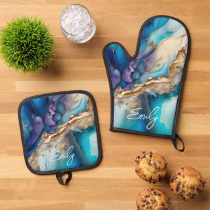 Modern Elegant Blue Gold Marble Personalised Name Oven Mitt & Pot Holder Set