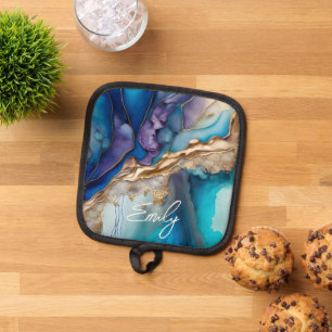 Modern Elegant Blue Gold Marble Personalised Name Pot Holder