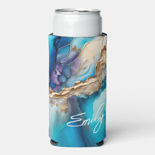 Modern Elegant Blue Gold Marble Personalised Name Seltzer Can Cooler (Seltzer Front)