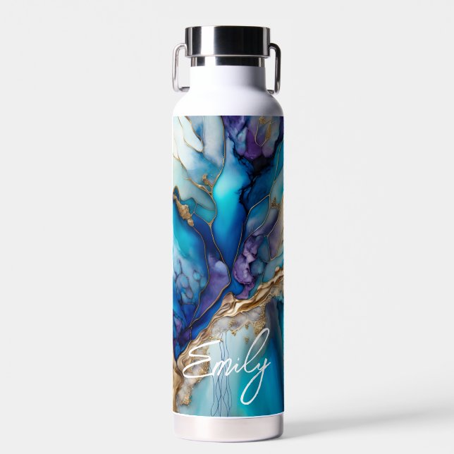 Modern Elegant Blue Gold Marble Personalised Name Water Bottle (Front)