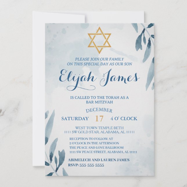 Modern Elegant Blue Gold Star of David Bar Mitzvah Invitation (Front)