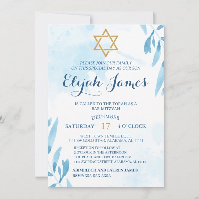 Modern Elegant Blue Gold Star of David Bar Mitzvah Invitation (Front)