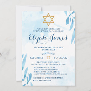 Modern Elegant Blue Gold Star of David Bar Mitzvah Invitation