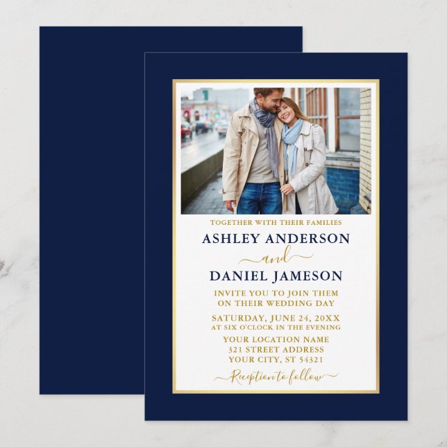 Modern Elegant Blue Gold Wedding Invitation (Front/Back)