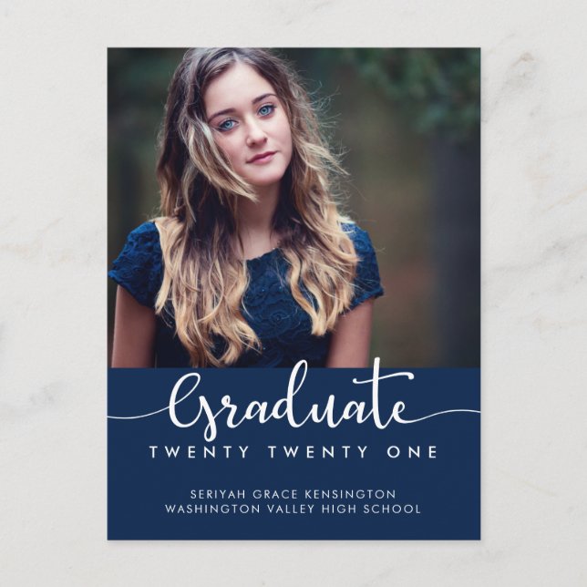 Modern Elegant Blue Graduation Script Photo Announcement Postcard (Front)