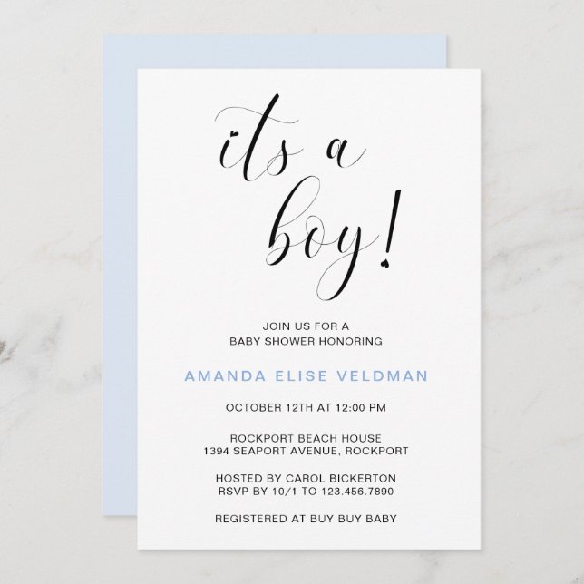 Modern Elegant Blue Heart Its a Boy Baby Shower Invitation (Front/Back)