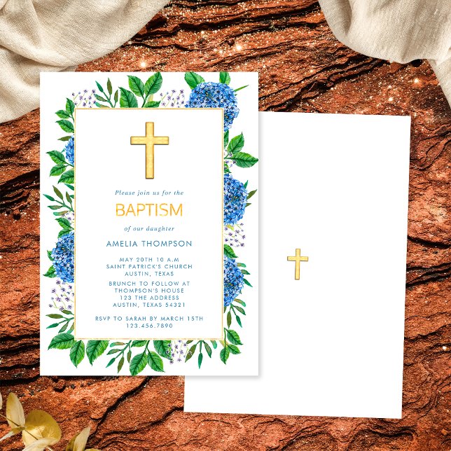 Modern Elegant Blue Hydrangeas Gold Cross Baptism Invitation (Front and Back)