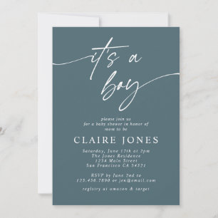 Modern Elegant Blue Its a Boy Script Baby Shower  Invitation
