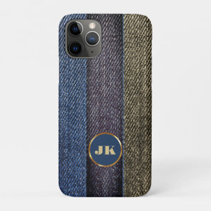Modern Elegant Blue Jeans Gold Metal monogram Name iPhone 11 Pro Case