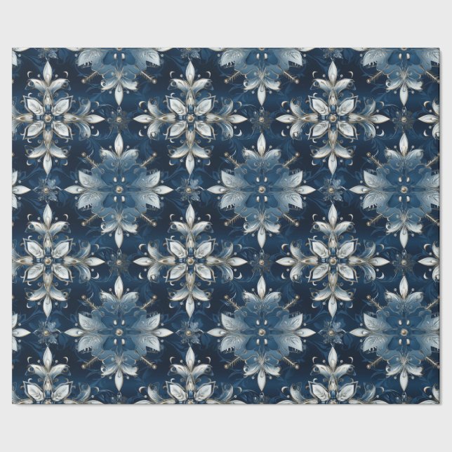 Modern Elegant Blue Jewelled Snowflakes  Wrapping Paper (Seam)