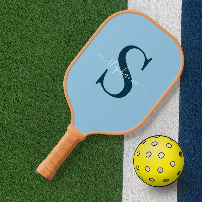 Modern Elegant Blue Monogram Initial + Name Pickleball Paddle (Creator Uploaded)