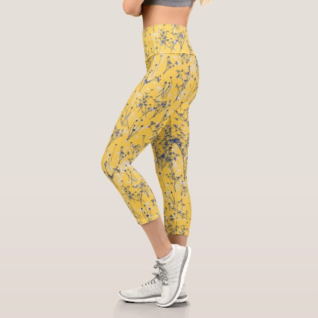Modern Elegant Blue Mustard Yellow Wildflowers Capri Leggings (Left)