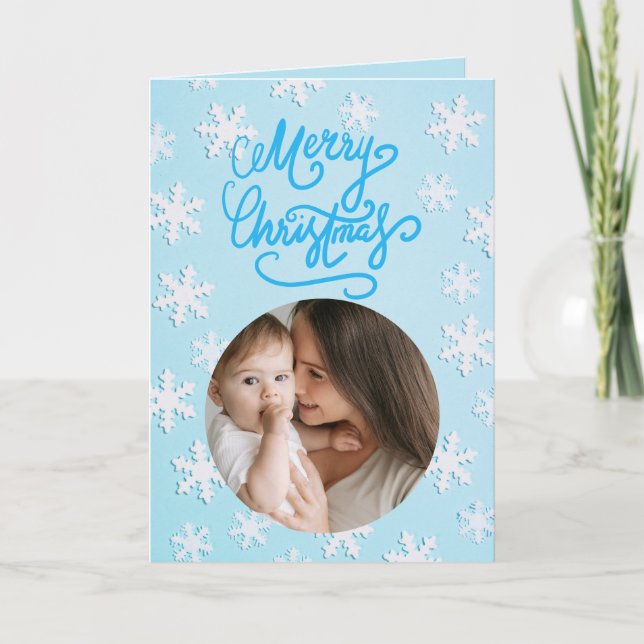 Modern Elegant blue Photo Collage Merry Christmas  Card (Front)