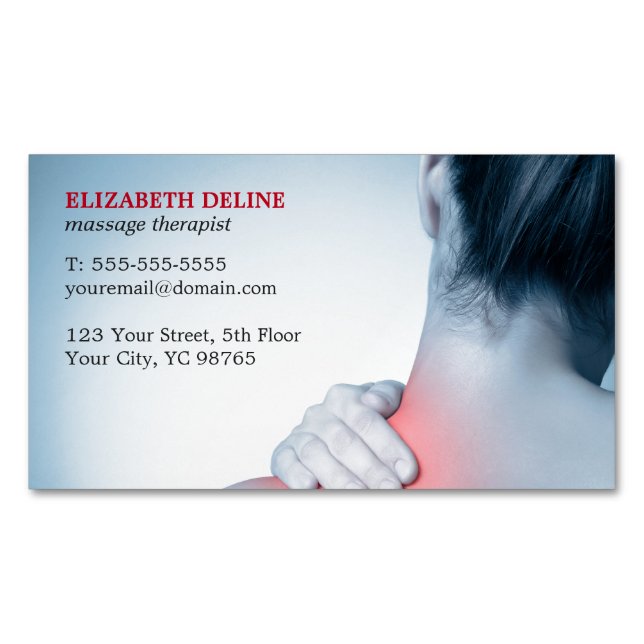 Modern Elegant Blue Photo Massage Therapist Magnetic Business Card (Front)