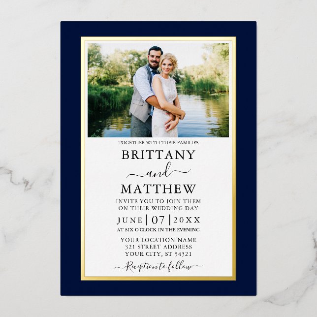 Modern Elegant Blue Photo Wedding Gold (Front)