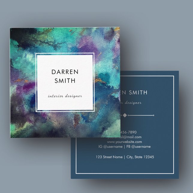 Modern Elegant Blue Purple Watercolor Abstract  Square Business Card (Modern Blue Watercolor Abstract Square Business Card)