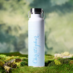 Modern Elegant Blue Script Custom Name Monogrammed Water Bottle<br><div class="desc">Create your own custom, personalised, modern, cool, stylish, chic, trendy, baby blue and white stripes shaded striped pattern design, elegant blue typography script, spill-proof, stainless steel, condensation-resistant exterior, monogrammed matte black durable double-wall Thor Copper Vacuum Insulated Bottle that keeps beverages hot for 12 hours or cold for 48 hours. Simply...</div>