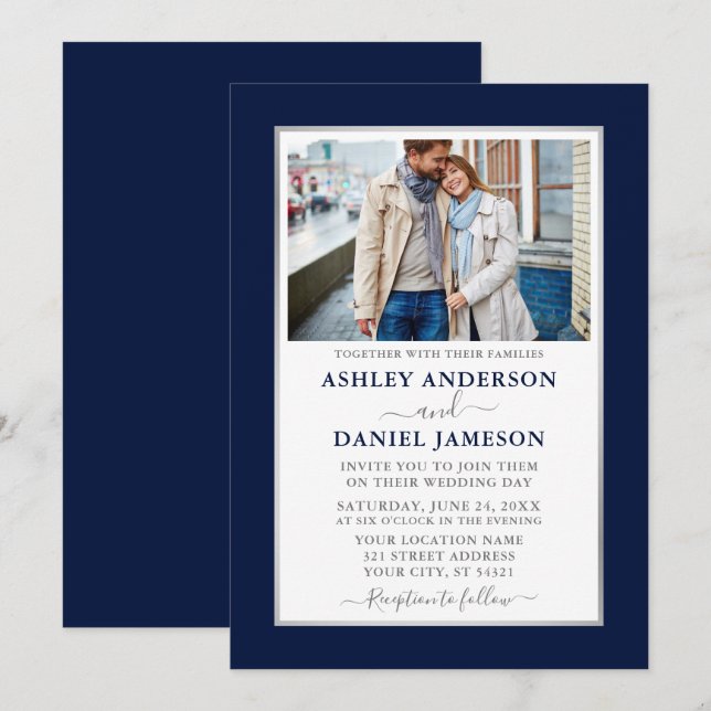 Modern Elegant Blue Silver Wedding Invitation (Front/Back)