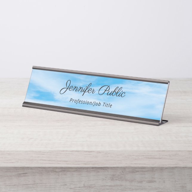 Modern Elegant Blue Sky White Clouds Template Desk Name Plate (Front)