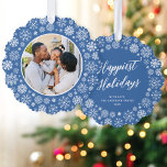 Modern Elegant Blue Snowflake Photo Christmas Tree Decoration Card<br><div class="desc">These wonderful paper ornament cards feature an elegant blue background with white snowflakes and a round photo cutout. On the back of the card is an EDITABLE script greeting with your text in a classic serif font. These ornaments make a fabulous holiday card that will then become a keepsake that...</div>