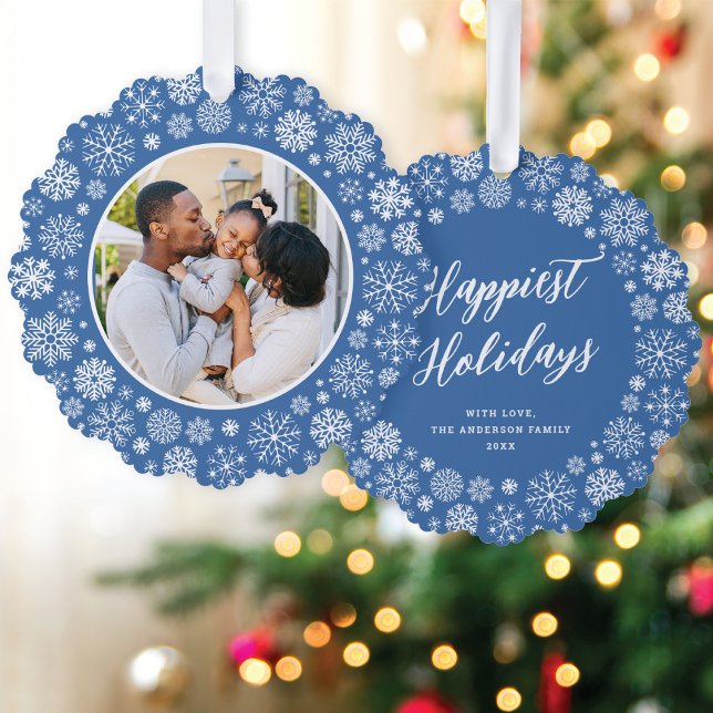 Modern Elegant Blue Snowflake Photo Christmas Tree Decoration Card (Creator Uploaded)