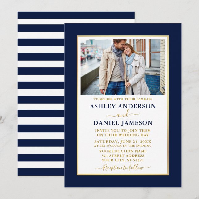 Modern Elegant Blue Striped Gold Wedding Invitation (Front/Back)
