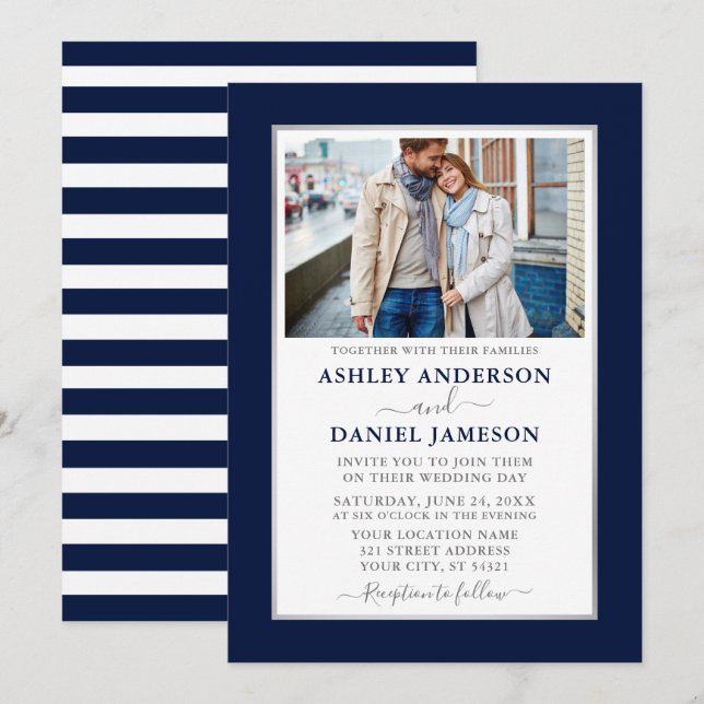 Modern Elegant Blue Striped Silver Wedding Invitation (Front/Back)