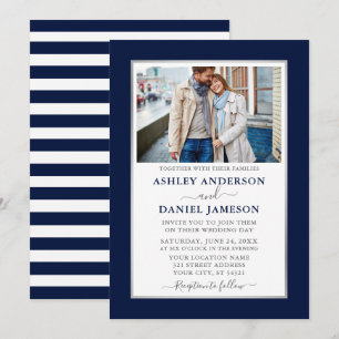 Modern Elegant Blue Striped Silver Wedding Invitation