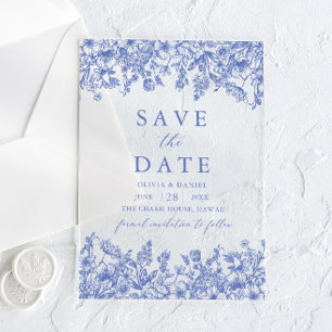 Modern Elegant Blue Vintage Floral Save the Date Acrylic Invitations