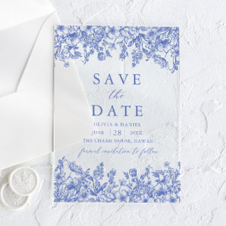 Modern Elegant Blue Vintage Floral Save the Date Acrylic Invitations