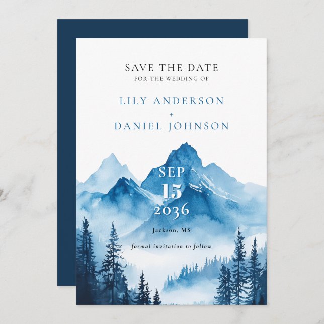 Modern Elegant Blue Watercolor Mountain Wedding Save The Date (Front/Back)