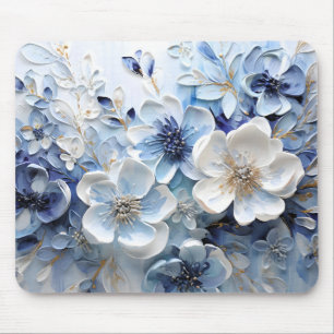 Modern Elegant Blue White Botanical Floral Mouse Mat